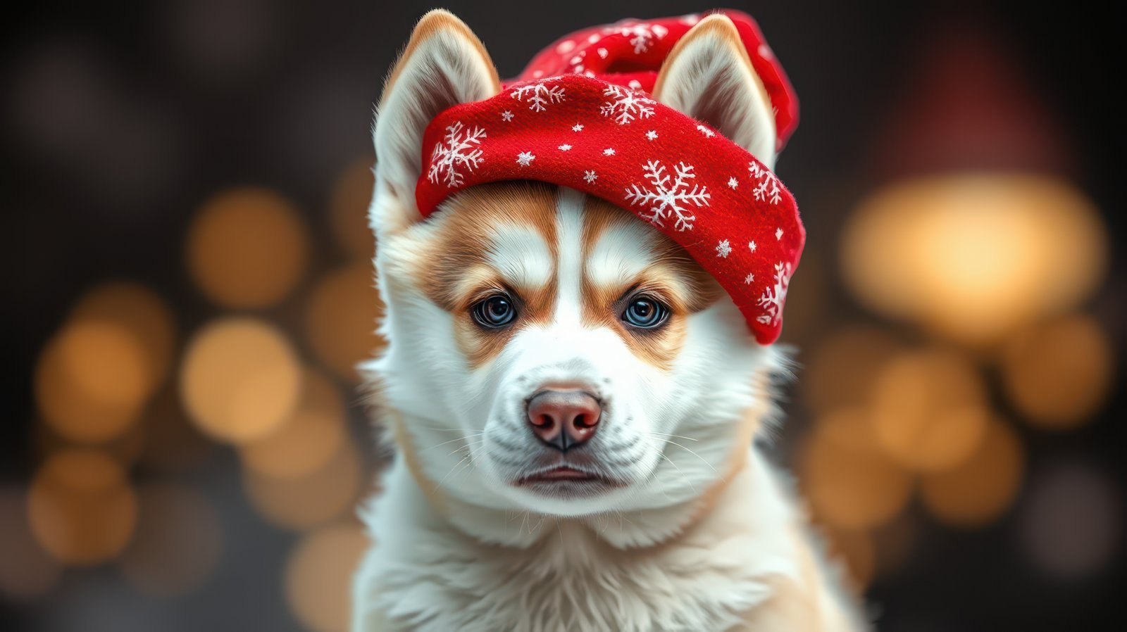 Cute husky puppy wearing a festive red hat with snowflakes against a blurred background of warm lights